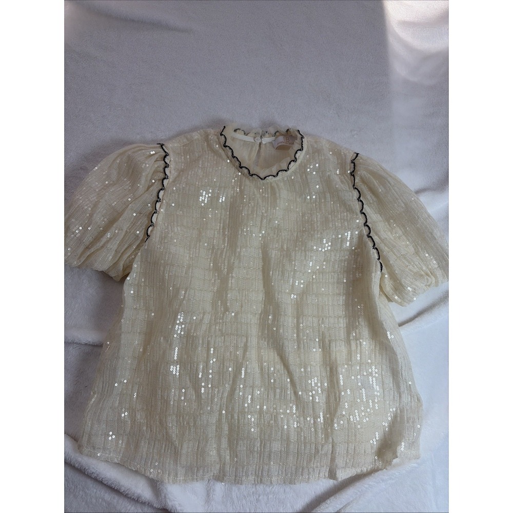 Everleigh Brooks Anthropologie Top Size‎ S Sequined Lined Blouse Off White Sheer